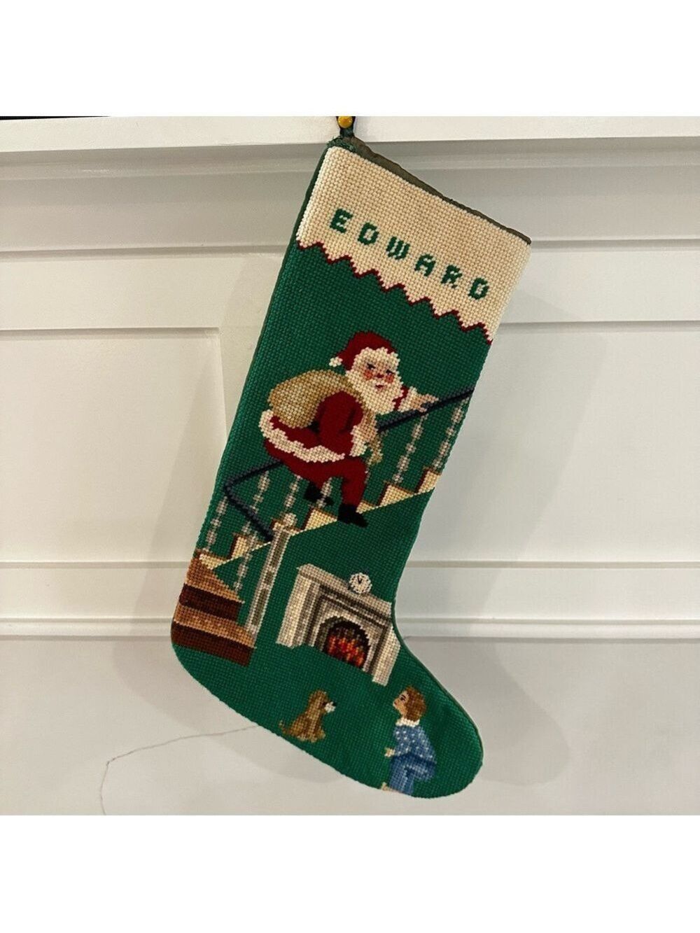 Green Personalized Christmas Stocking for Edward with Santa and Fireplace Design